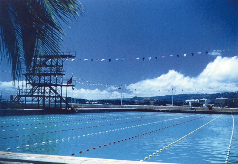 a very large swimming pool with rows of swimmer's swimming trunks