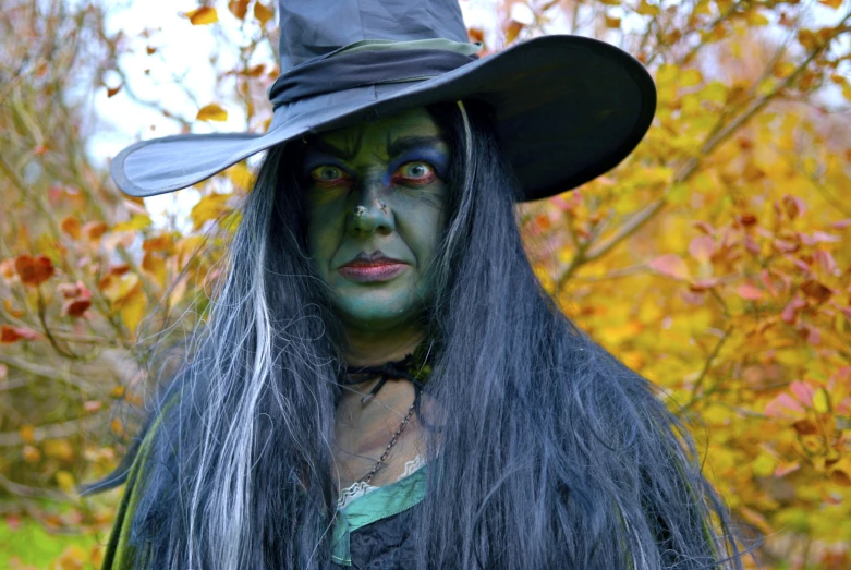 a witch with long hair wearing a hat and green makeup