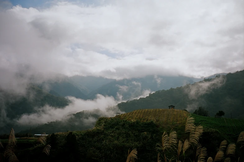 view of mountains with clouds and grass in foreground