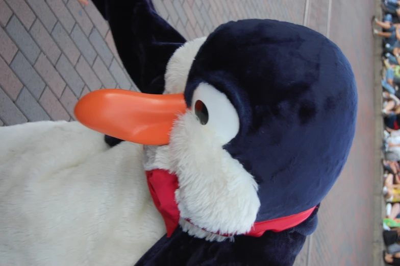 a penguin wearing an orange rubber duck nose