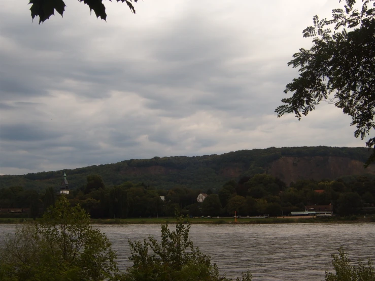 a lake next to a grassy mountain covered in trees