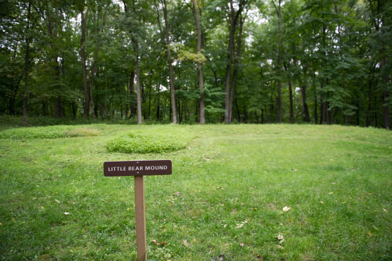 a sign stands in a grass - covered park surrounded by trees