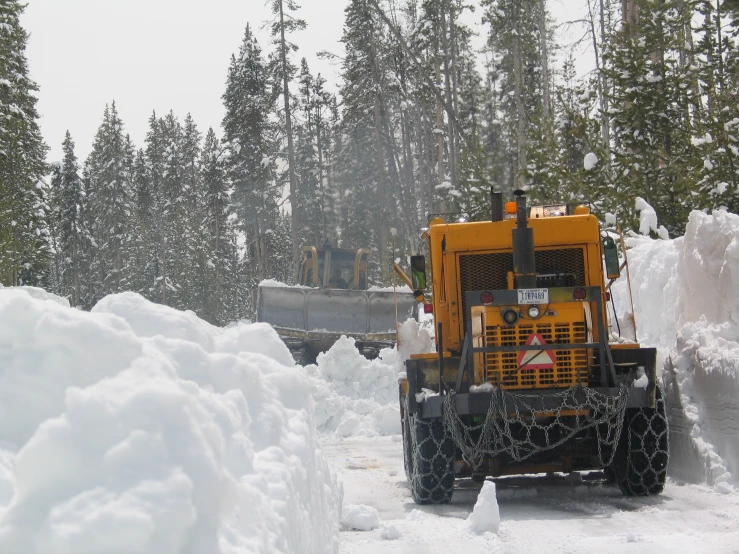 tractor with snow plow moving along the road in the forest