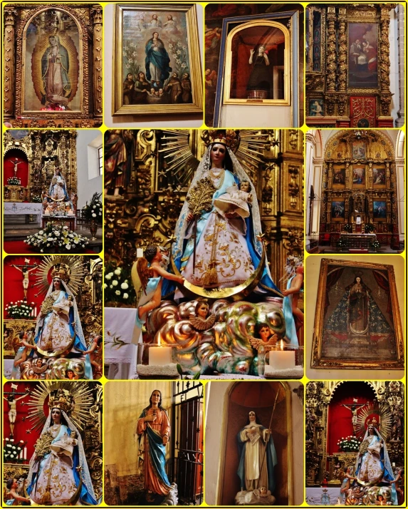 many pictures of a man and woman and religious objects