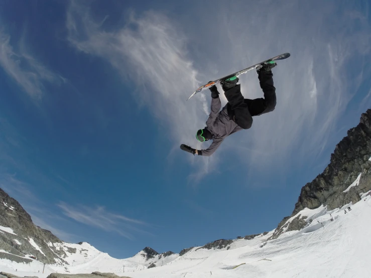 a person flying through the air while riding a snowboard