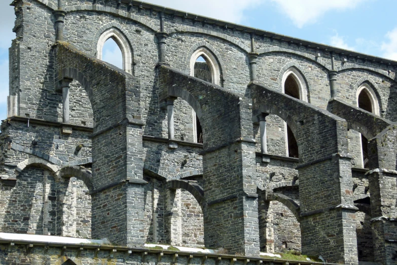 an old stone building with arched windows on a sunny day