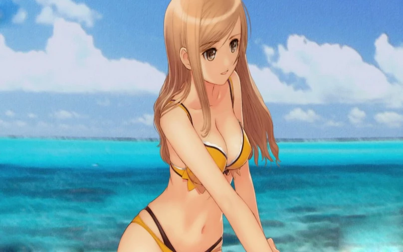 an anime character is in a bikini on the beach