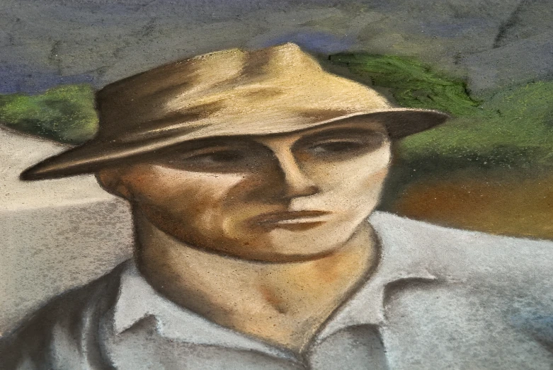 the painting shows an image of a man in a hat