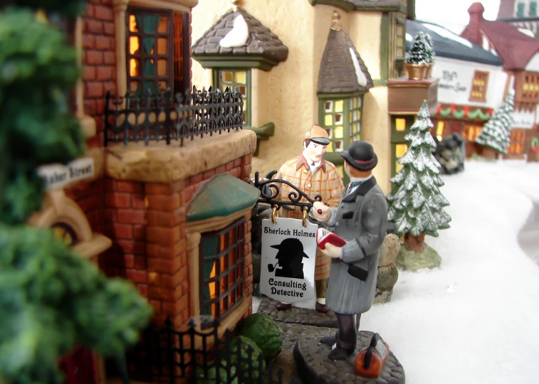 a christmas scene with figures on the street