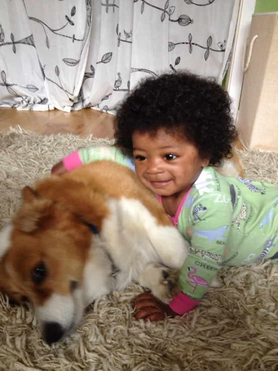 a young child plays with a puppy on the floor
