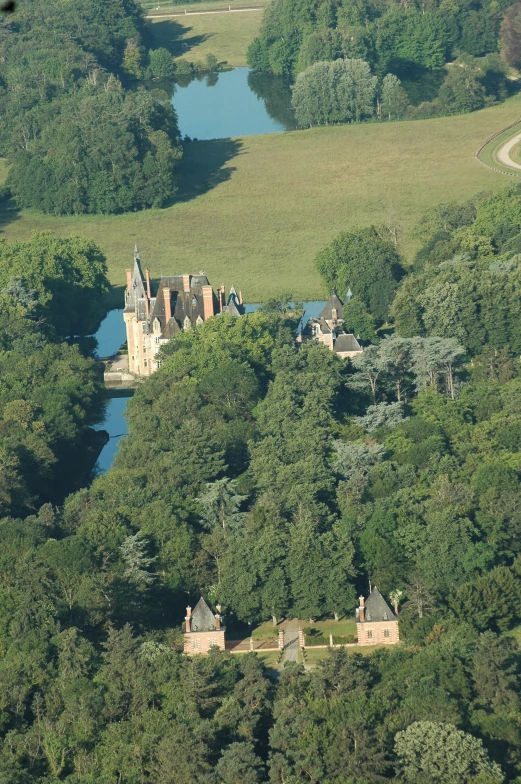 an aerial view of a house in the woods