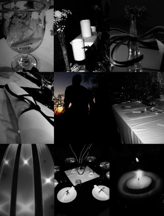 black and white pographs with white clothed tableware