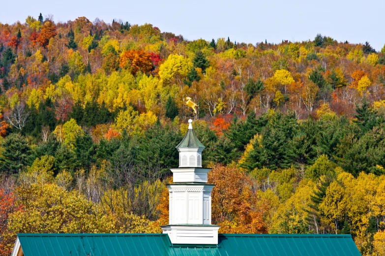 a small church with a green roof and steeple