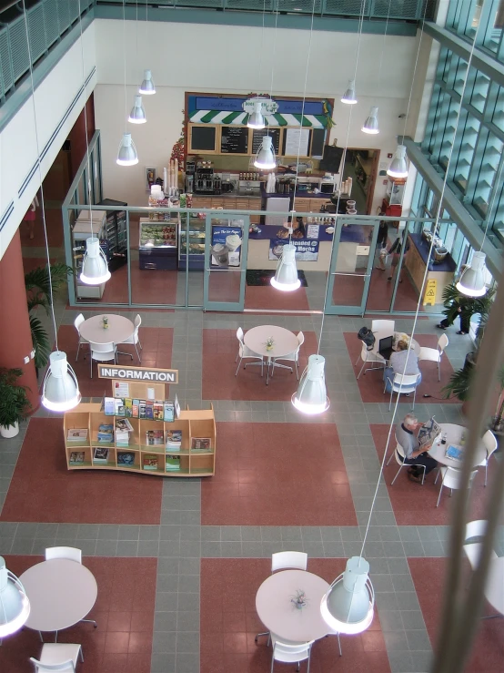 an overhead s shows the dining area of a bookstore