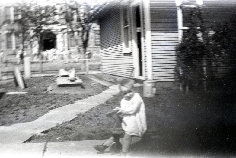 a black and white po of a person on a sidewalk