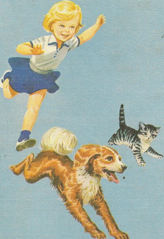 a child and two dogs run next to each other