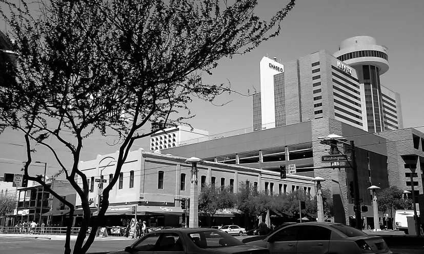 a black and white po of a building at dusk