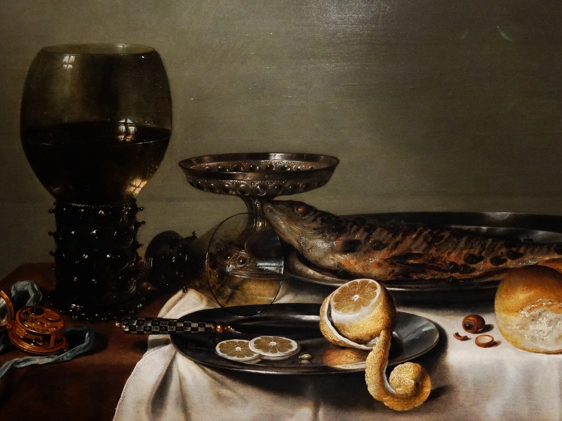 this is a painting showing bread, jams and wine