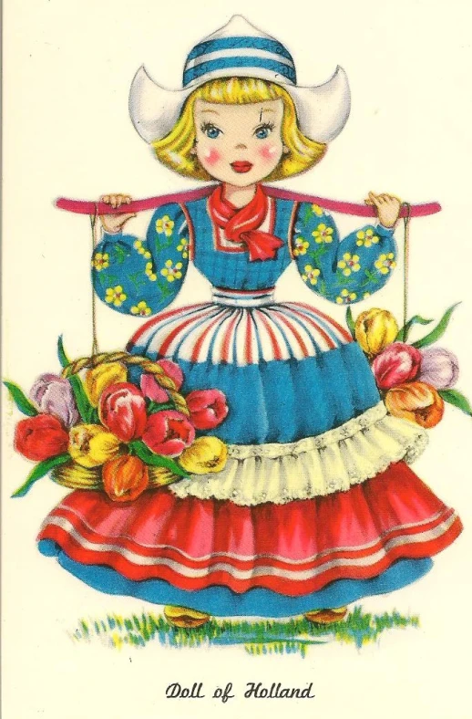 the cover for a greeting card with a girl holding flowers