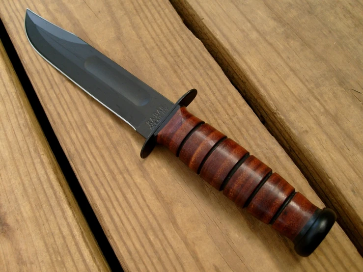 a knife on top of a wooden table next to a  board