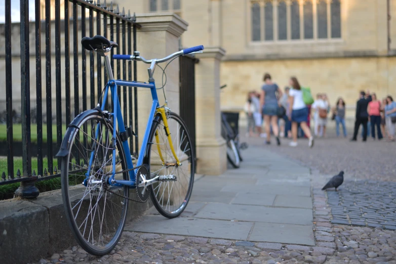 a blue bike locked on a gated entrance