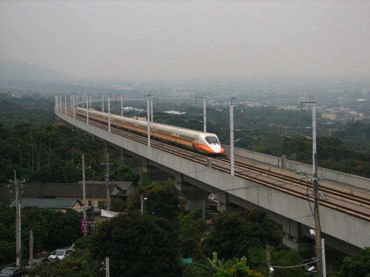 there is a bullet train going over the bridge