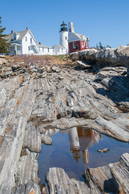 the rocks and trees are beside a light house