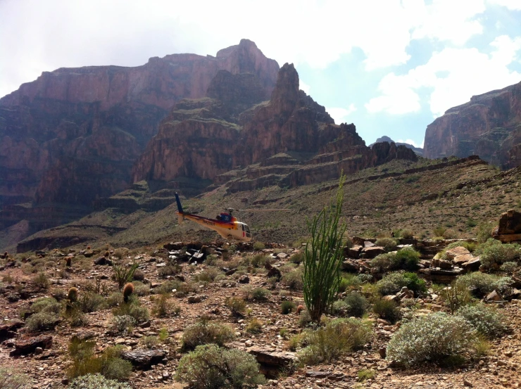 a helicopter on the side of a rocky hill with grass and shrub