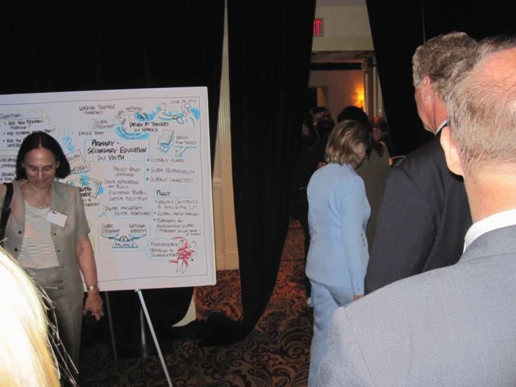 a group of people sitting in a room, looking at a poster