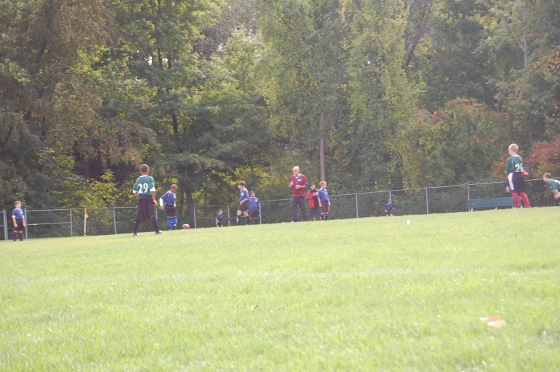 several people are out in the park playing soccer