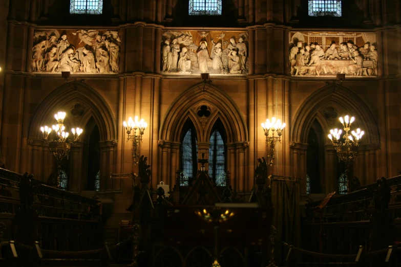 interior of large gothic building lit up at night