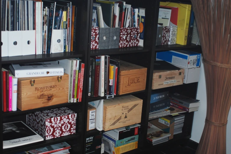 an empty shelf filled with lots of different kind of boxes