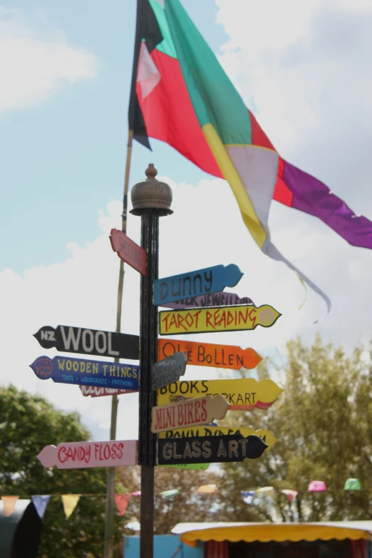 multiple directions on street sign post at outdoor fair