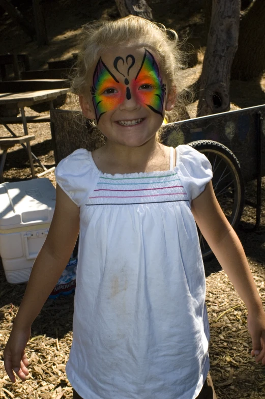 a little girl with her face painted to look like a erfly