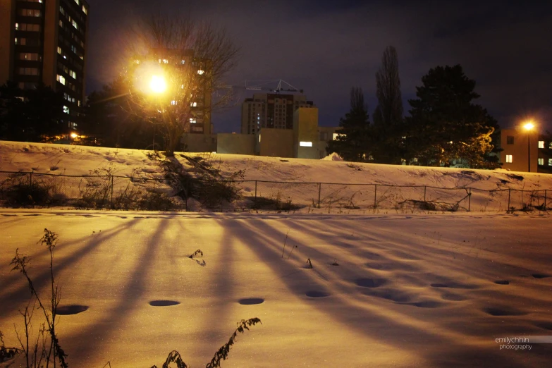 the ground is snow covered and has a few buildings in the distance