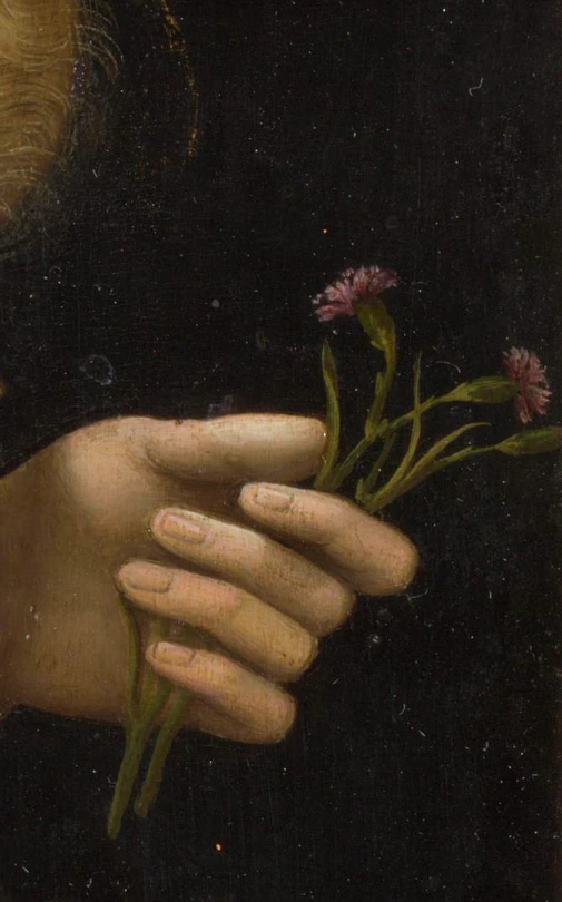 a close up of a painting of a person with flowers in their hands