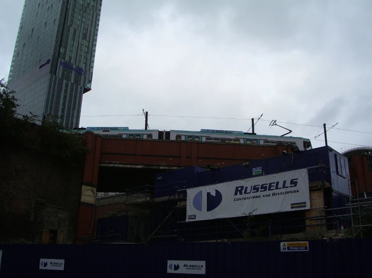 a large sign on a wall near a tall building