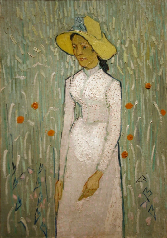a painting of a woman in a white dress and yellow hat