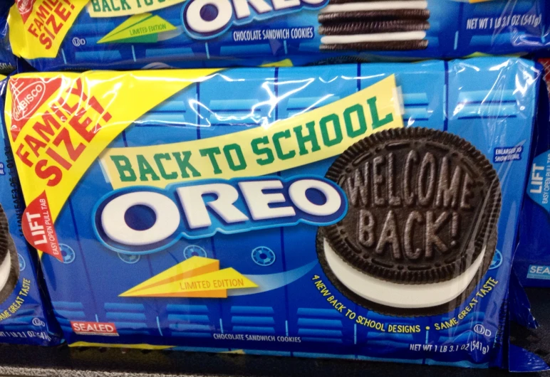some oreos are stacked up on display for sale