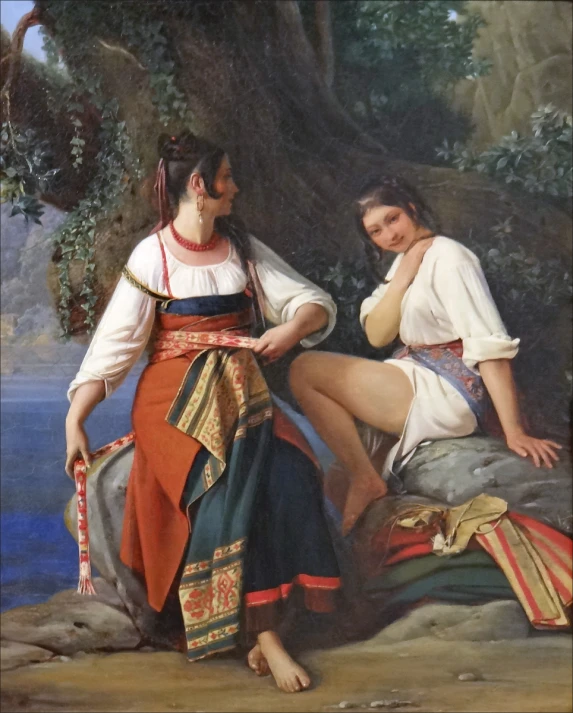 a painting depicting two women in ancient dress