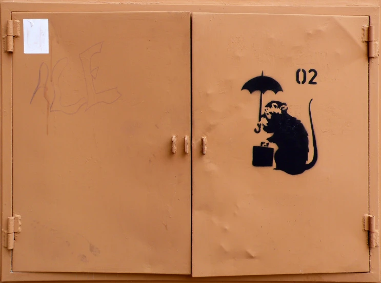 a wall with a graffiti of a rat holding an umbrella
