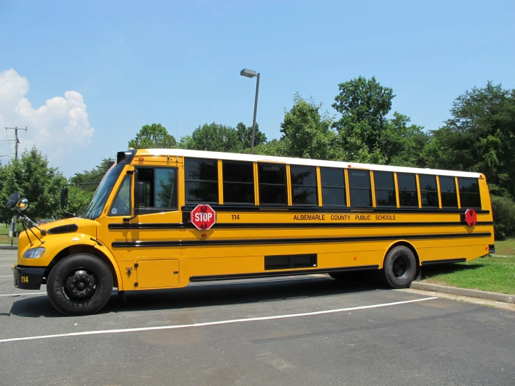 a yellow school bus parked in the street next to some trees