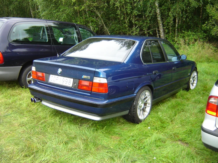 two cars parked in grass with trees in the background