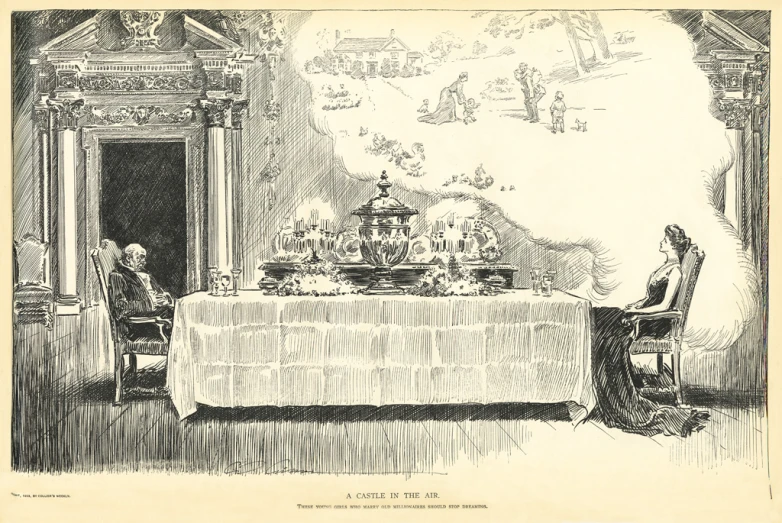 an illustration of an old woman sitting at a table