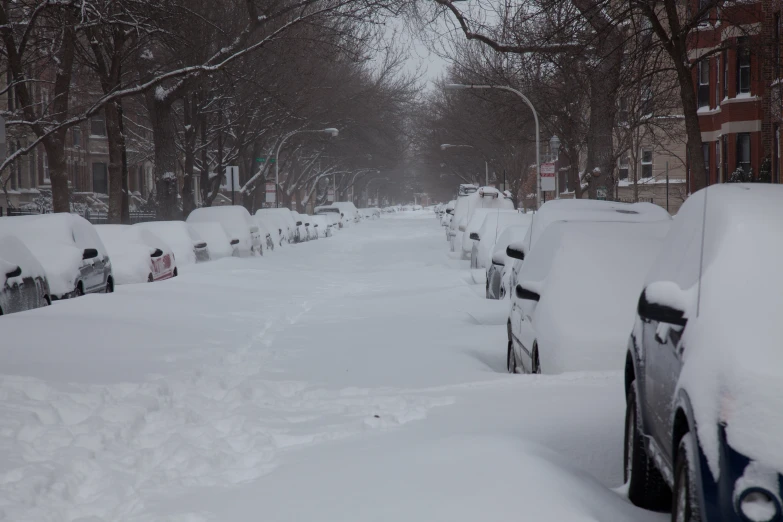 snow is covered vehicles parked along the street