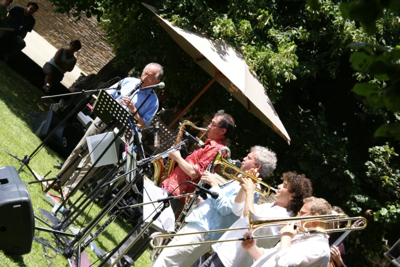 a band performing on the lawn for an outdoor party