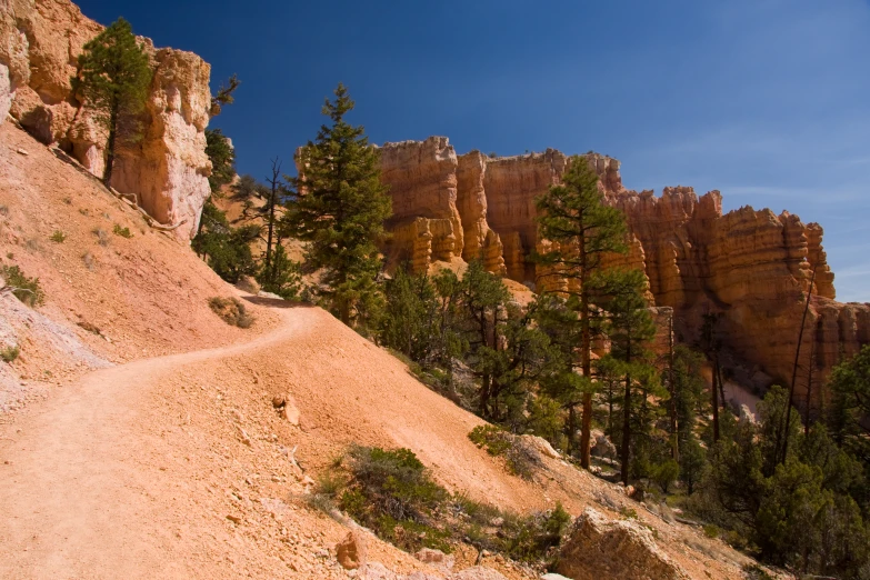 an incline with very tall brown rocks at the edge