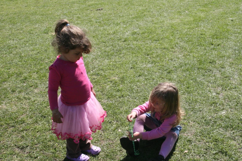 two little girls standing in the grass talking