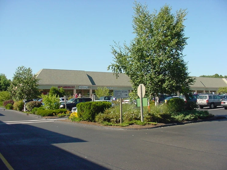 the building is in the middle of a park with cars parked behind it