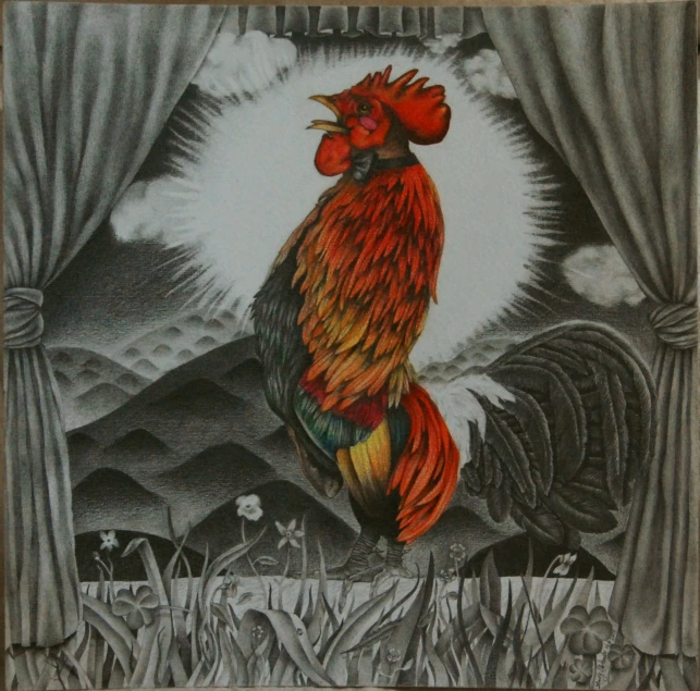 a drawing of a rooster with red comb